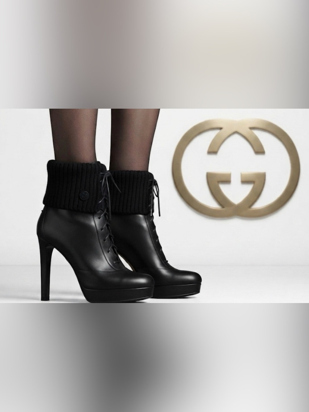 Authentic Gucci luxury designer signature black Leather laceup platform boots 10